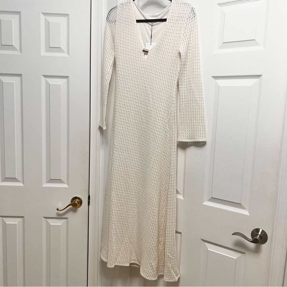 ZARA CROCHET LINED LONG SLEEVE MIDI DRESS ECRU w Gold detail M NWT - Picture 14 of 16